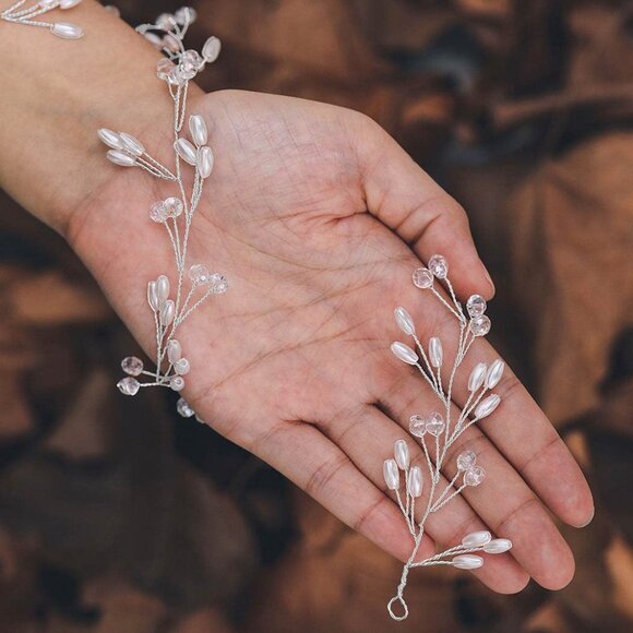 Bride Wedding Hair Vine Silver Pearl Long Headpieces Crystal Headpiece Rhineston - Picture 8 of 8